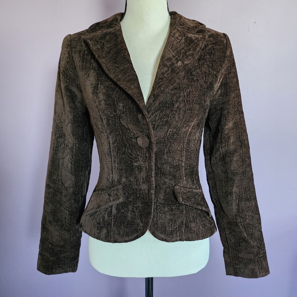 Hot Kiss Y2K 2000s Whimsygoth Gypsy Brown Floral Jacquard Woven Buttoned Blazer